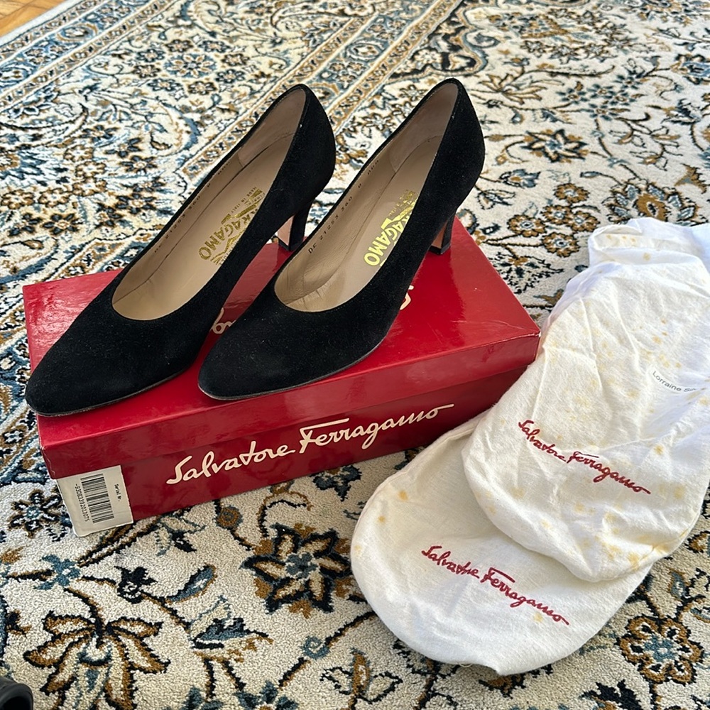 Black pebble suede Ferragamo heels